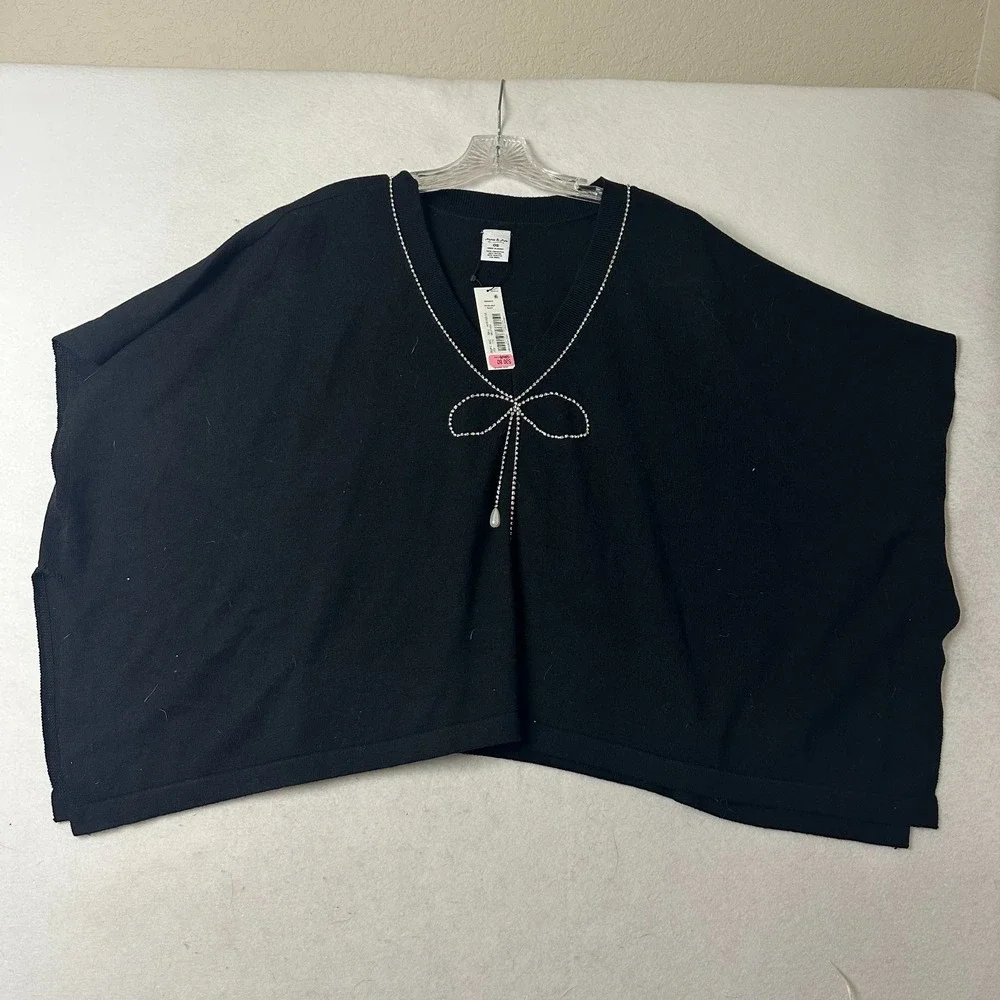 Anna & Ava Womens Black Rhinestone Bow Pearl‎ Knit Poncho Sweater OS DPA4813BLK